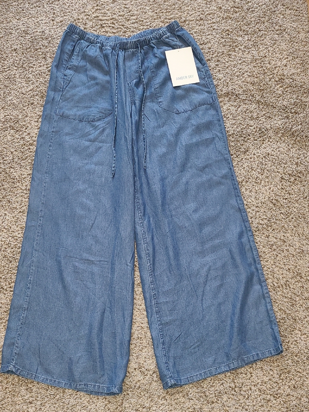 Wide Leg Chambray Pants - Blue -